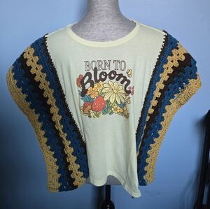 Handmade Old Navy Yellow 'Born to Bloom' Crochet Sleeve Tshirt Poncho Girls